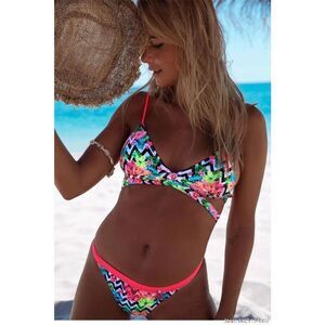X Waist Wrap Neon Floral Strappy Brazilian Bikini L